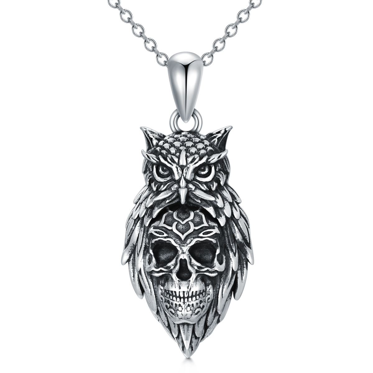 Collier en argent sterling avec pendentif hibou et crâne-1