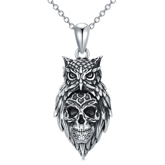 Collier en argent sterling avec pendentif hibou et crâne