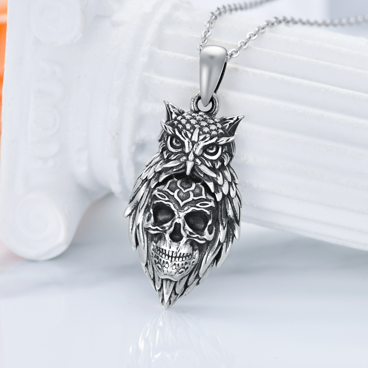 Collier en argent sterling avec pendentif hibou et crâne-3