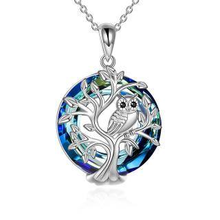 Sterling Silver Owl & Tree Of Life Crystal Pendant Necklace-50