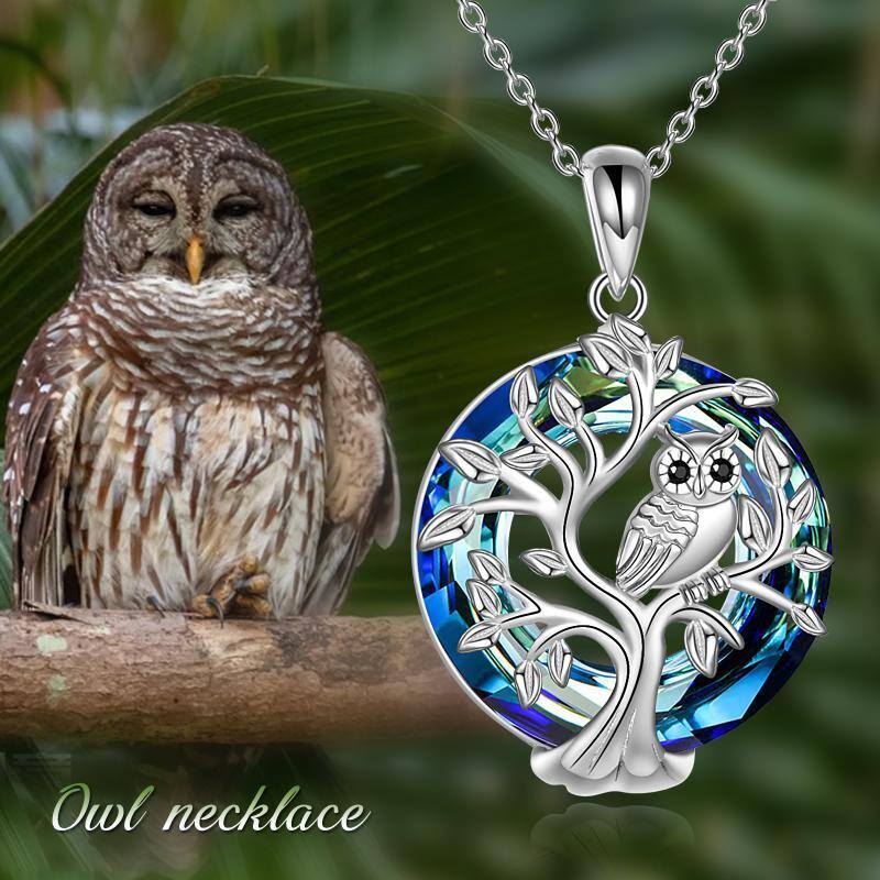 Sterling Silver Owl & Tree Of Life Crystal Pendant Necklace-3
