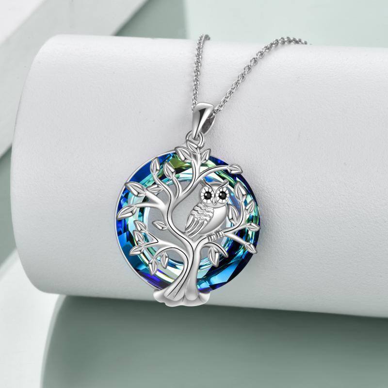 Sterling Silver Owl & Tree Of Life Crystal Pendant Necklace-4