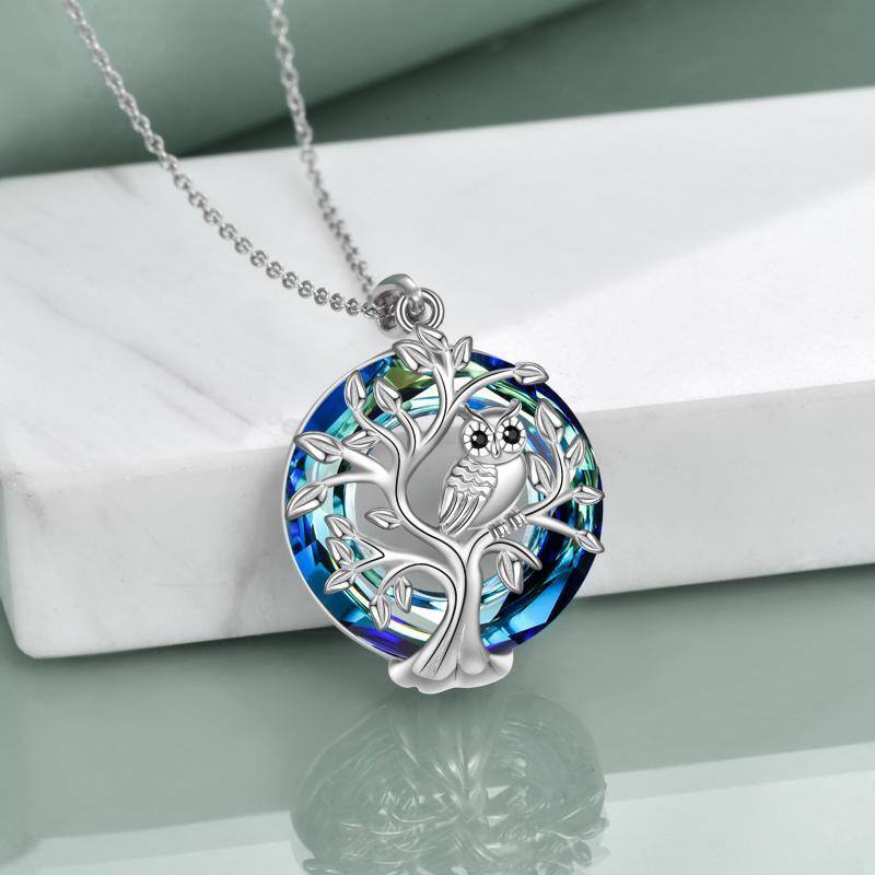 Sterling Silver Owl & Tree Of Life Crystal Pendant Necklace-5