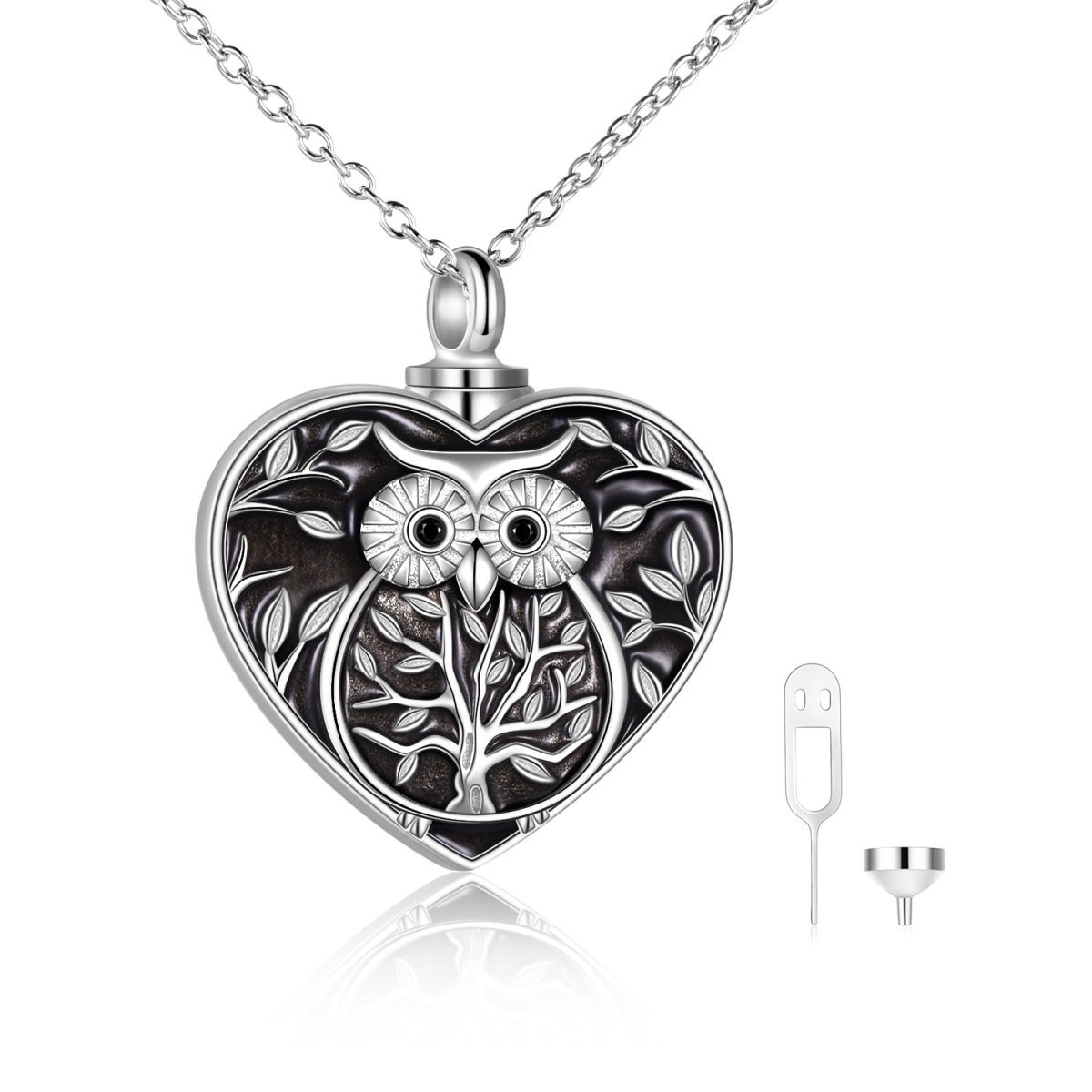 Búho de plata de ley con árbol de la vida con collar de urna de corazón para cenizas con palabra grabada para mujer mejor amiga-1