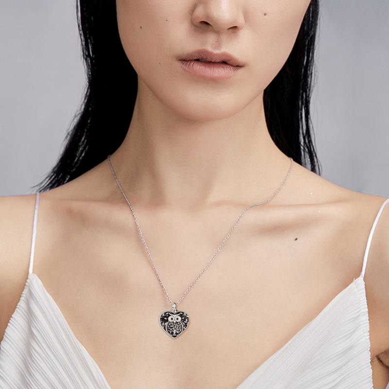 Coruja de prata esterlina com árvore da vida com colar de urna de coração para cinzas com palavra gravada para melhor amigo feminino-2