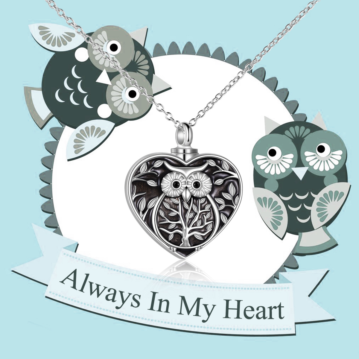 Collier hibou en argent sterling avec arbre de vie et urne en forme de cœur pour cendres avec mot gravé pour femme, meilleure amie-5