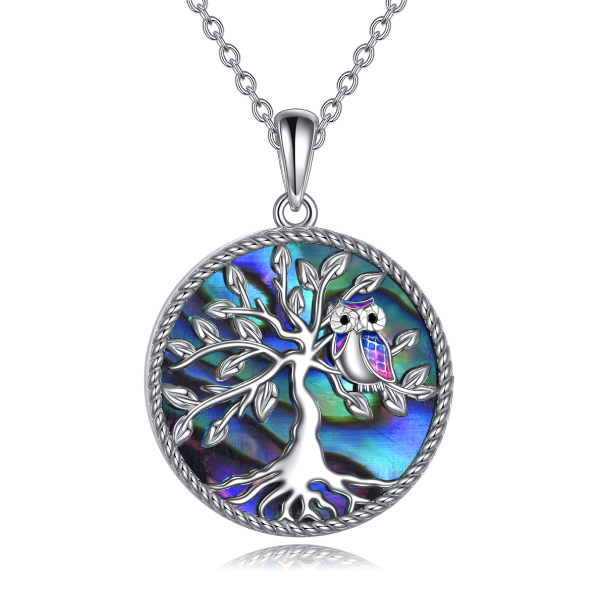 Sterling Silver Owl & Tree Of Life Pendant Necklace-1