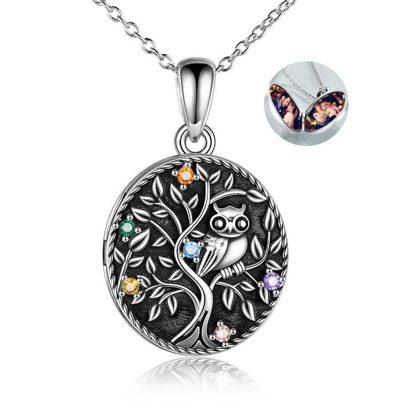 Sterling Silber Cubic Zirkonia Eule & Baum des Lebens personalisierte Foto Medaillon Halsk-1