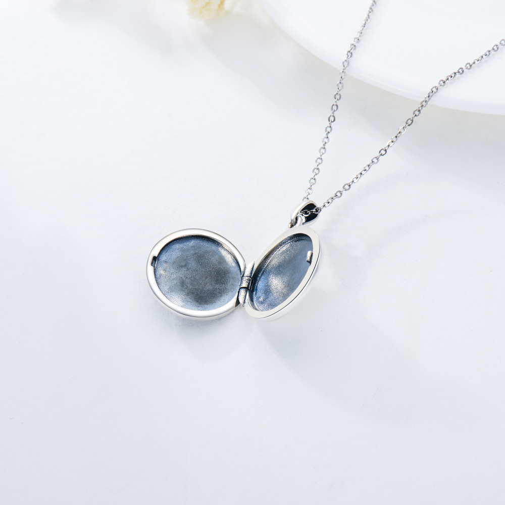 Sterling Silver Oxidized Daisy Personalized Photo Locket Necklace-5