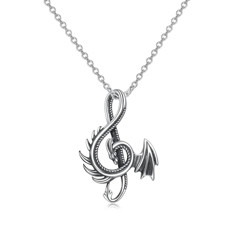 Sterling Silver Oxidized Dragon & Musical Note Pendant Necklace-14