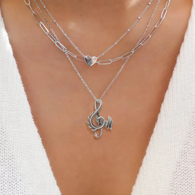 Sterling Silver Oxidized Dragon & Musical Note Pendant Necklace-2