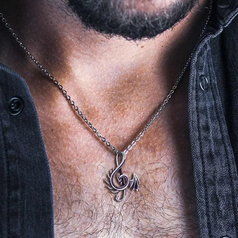 Sterling Silver Oxidized Dragon & Musical Note Pendant Necklace-3