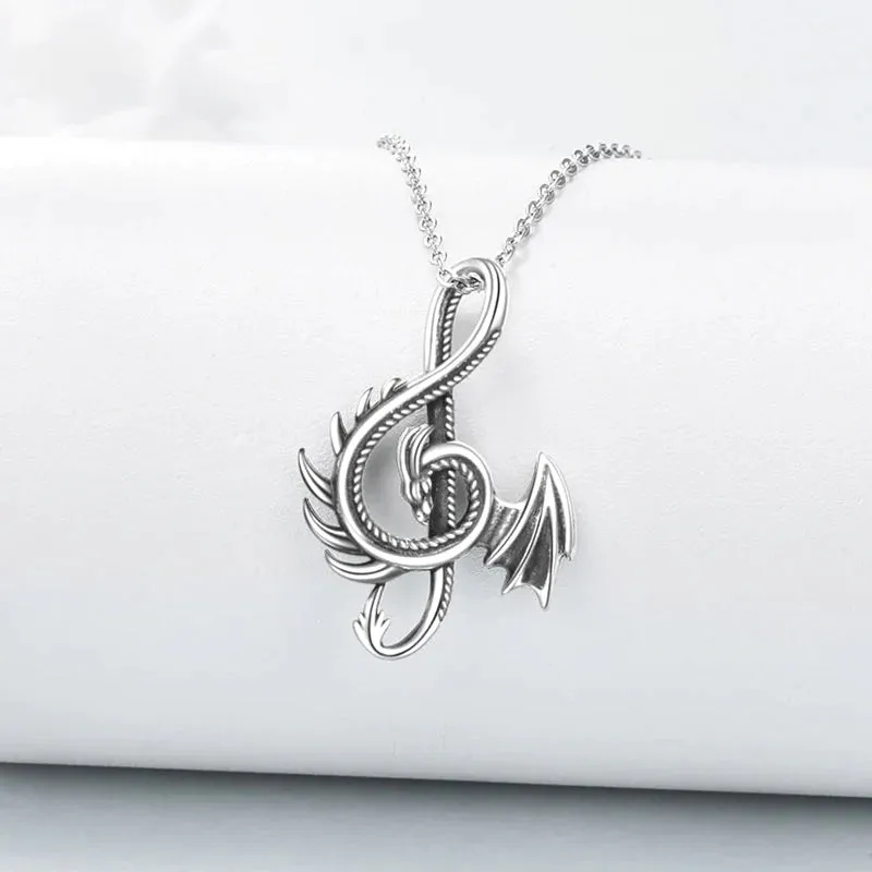 Sterling Silver Oxidized Dragon & Musical Note Pendant Necklace-4