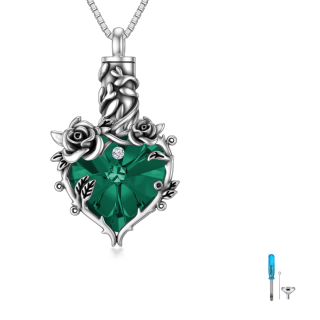 Sterling Silver Oxidized Emerald Crystal Rose & Heart Urn Necklace For Ashes Cremation Memorial Jewelry-14
