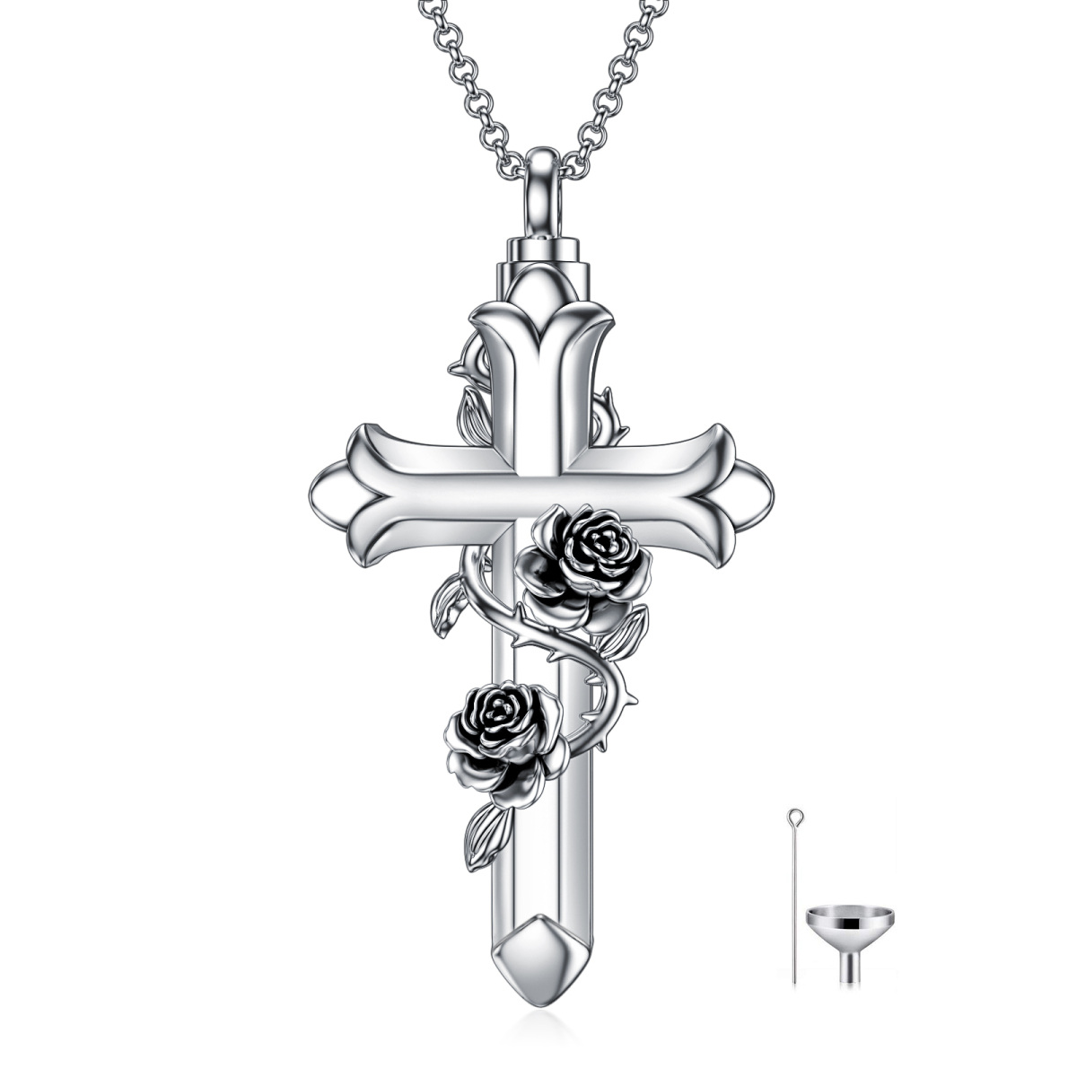 Sterling Silber oxidiert Rose & Kreuz Urne Halskette für Asche-1