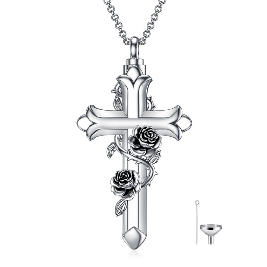 Collier d'urne pour cendres en argent sterling. rose oxydée et croix