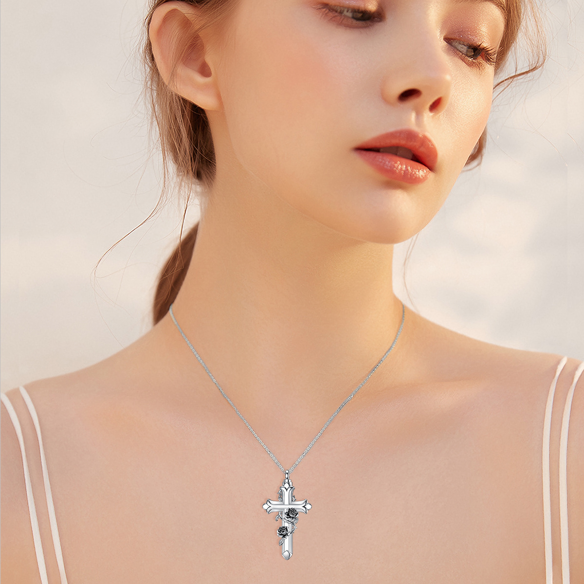 Sterling Silver Oxidized Rose & Cross Urn Necklace for Ashes-2