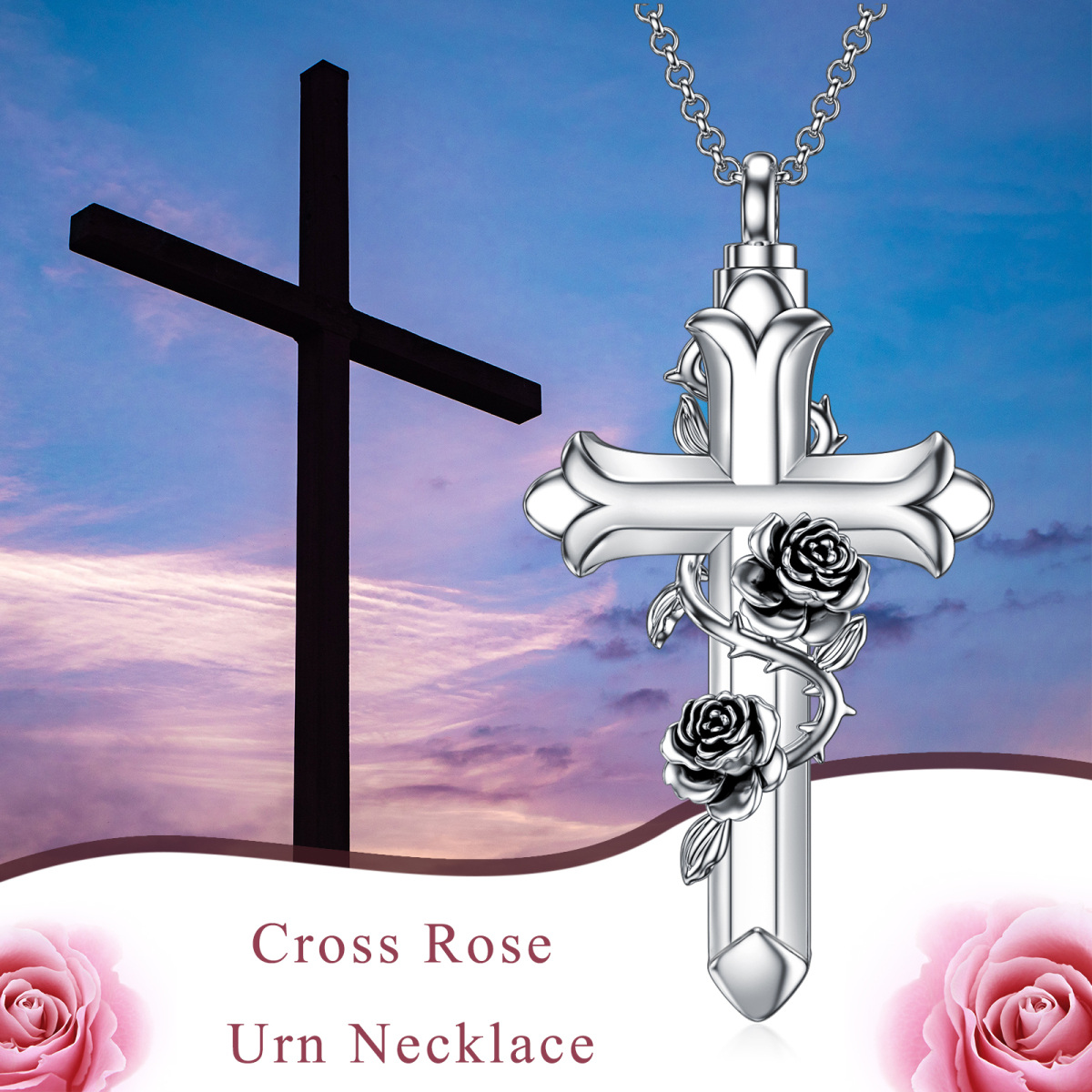 Sterling Silber oxidiert Rose & Kreuz Urne Halskette für Asche-6