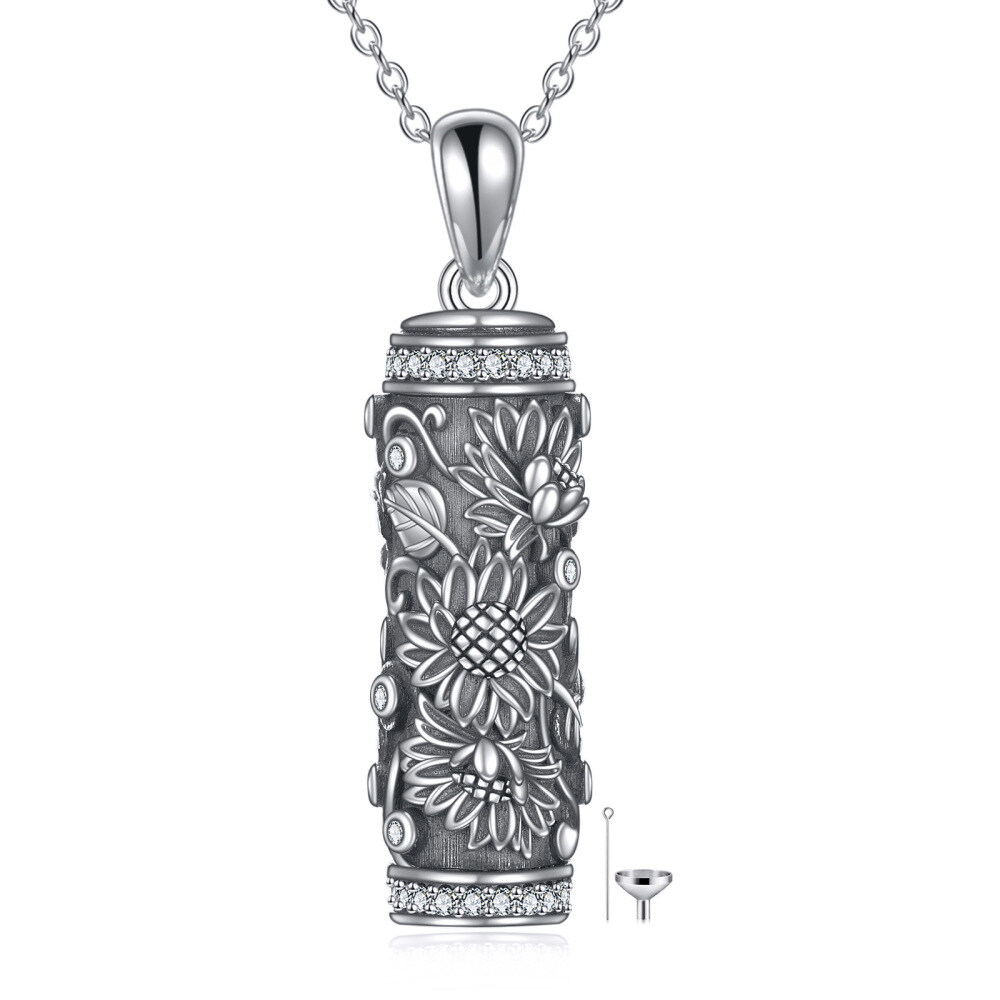 Collier Urne pour cendres en argent sterling oxydé avec zircon rond et tournesol-1