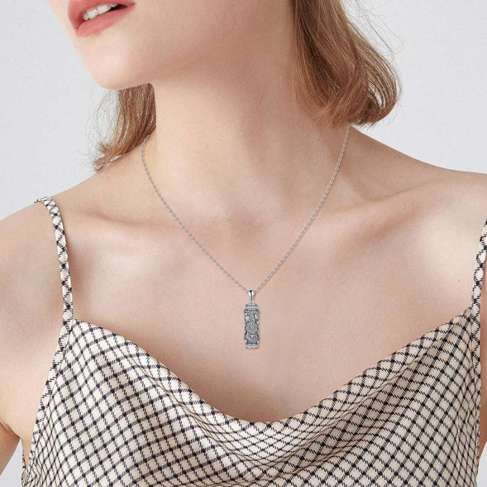 Collier Urne pour cendres en argent sterling oxydé avec zircon rond et tournesol-3