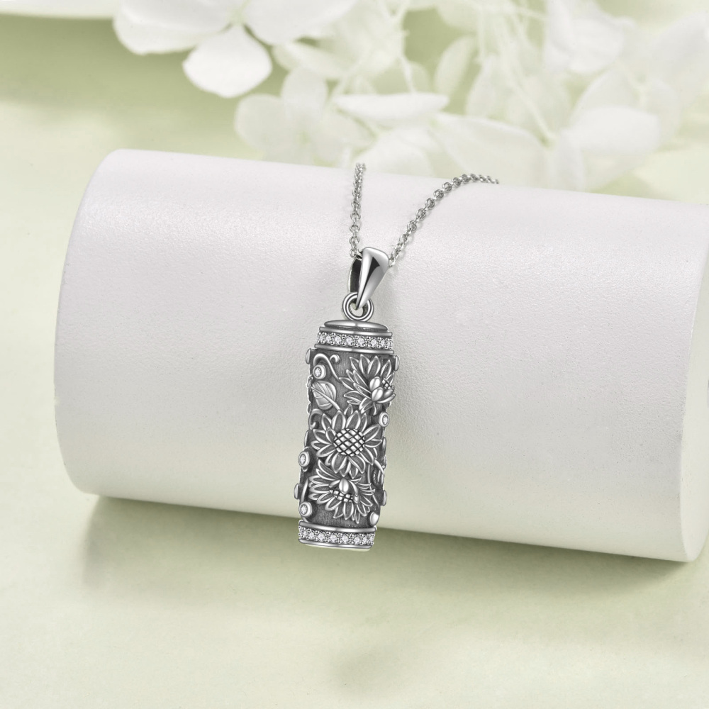 Collier Urne pour cendres en argent sterling oxydé avec zircon rond et tournesol-4