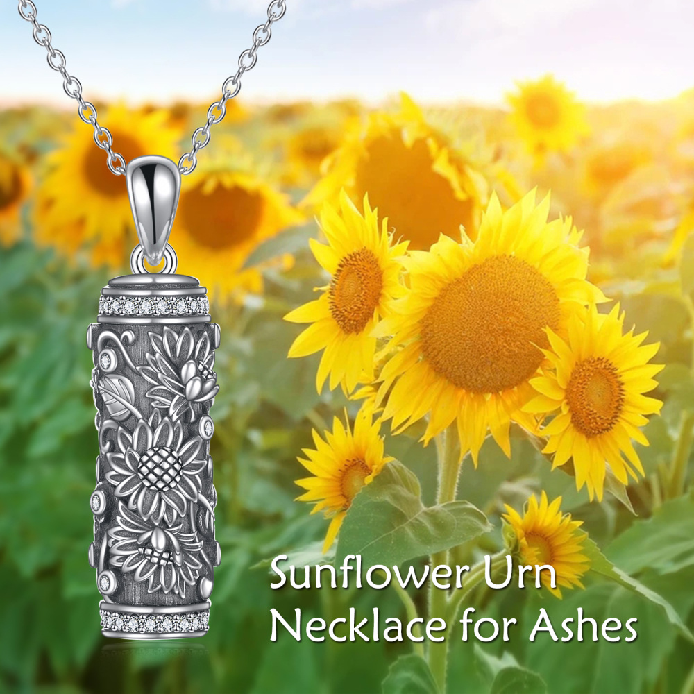 Collier Urne pour cendres en argent sterling oxydé avec zircon rond et tournesol-6