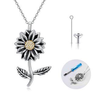 Sterling Silver Oxidized Cubic Zirconia Sunflower Urn Necklace for Ashes-39