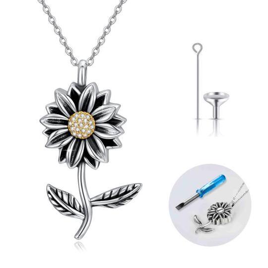 Sterling Silver Oxidized Cubic Zirconia Sunflower Urn Necklace for Ashes