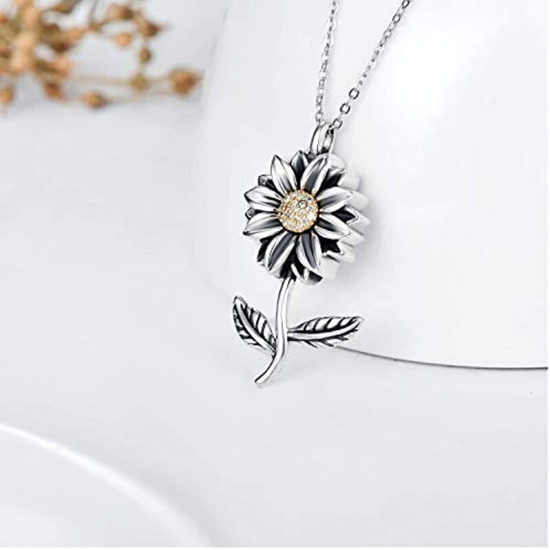 Sterling Silver Oxidized Cubic Zirconia Sunflower Urn Necklace for Ashes-3