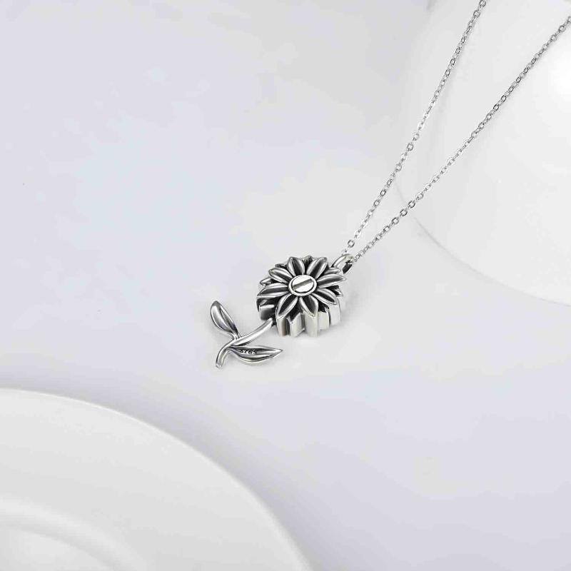 Sterling Silver Oxidized Cubic Zirconia Sunflower Urn Necklace for Ashes-4