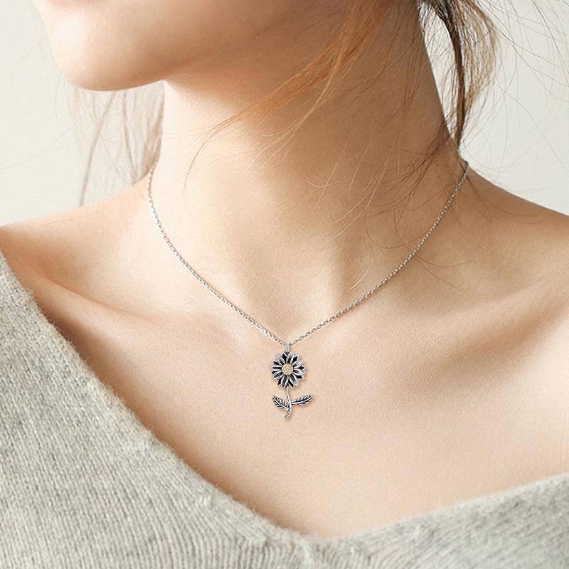 Sterling Silver Oxidized Cubic Zirconia Sunflower Urn Necklace for Ashes-7