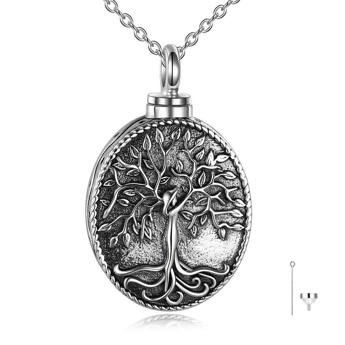 Collar urna árbol de la vida de plata de ley oxidada para cenizas con palabra grabada-1