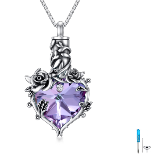 Sterling Silver Oxidized Violet Crystal Rose & Heart Urn Necklace For Ashes Cremation Memorial Jewelry