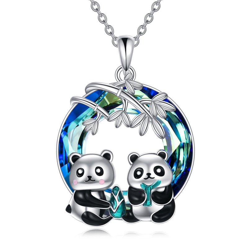 Sterling Silver Panda & Bamboo Crystal Pendant Necklace-2