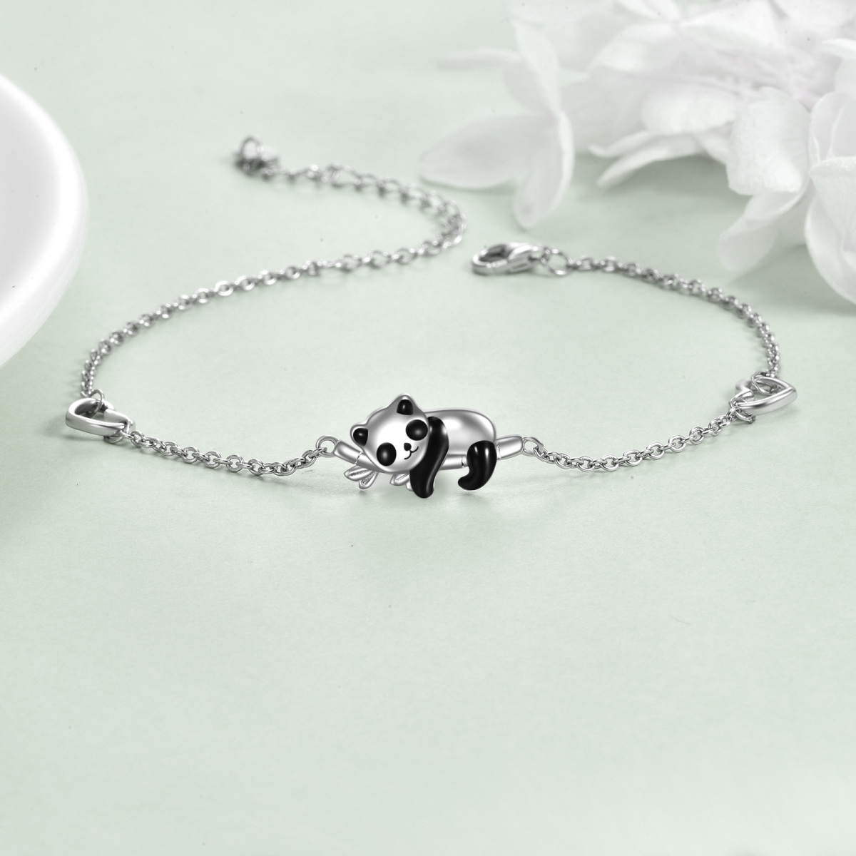 Bracciale con ciondolo a forma di panda, bambù e cuore in argento sterling-3