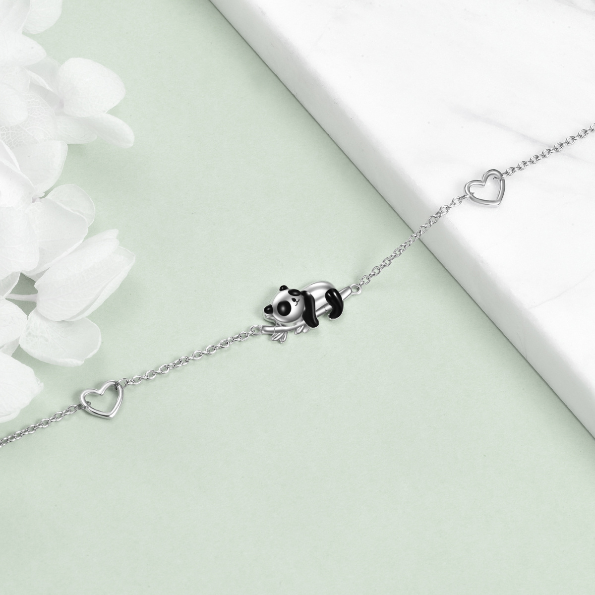 Bracciale con ciondolo a forma di panda, bambù e cuore in argento sterling-4