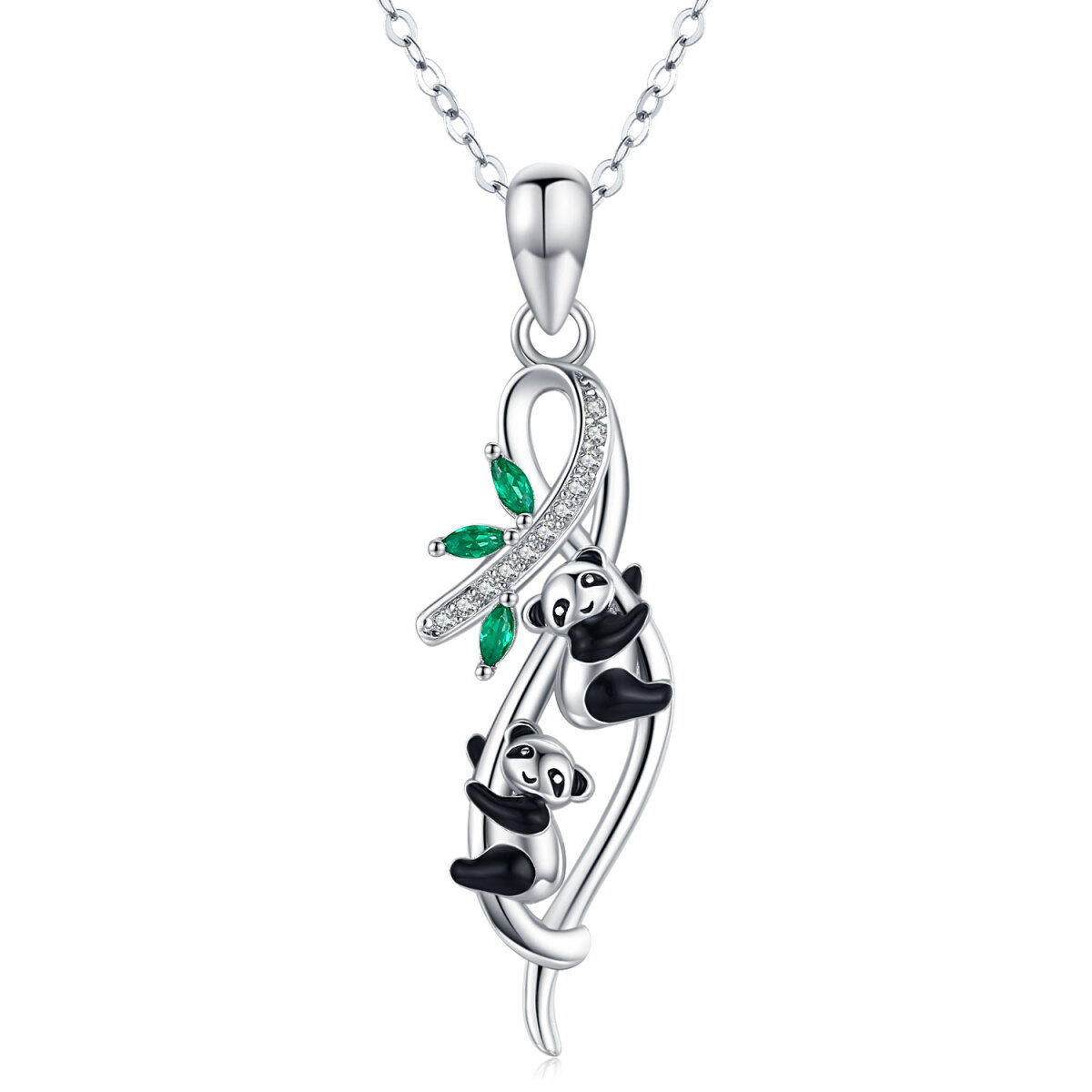 Sterling Silver Cubic Zirconia Panda & Bamboo Pendant Necklace-1