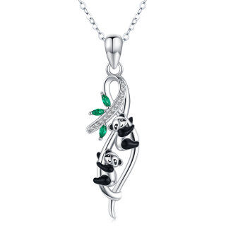 Sterling Silver Cubic Zirconia Panda & Bamboo Pendant Necklace-3