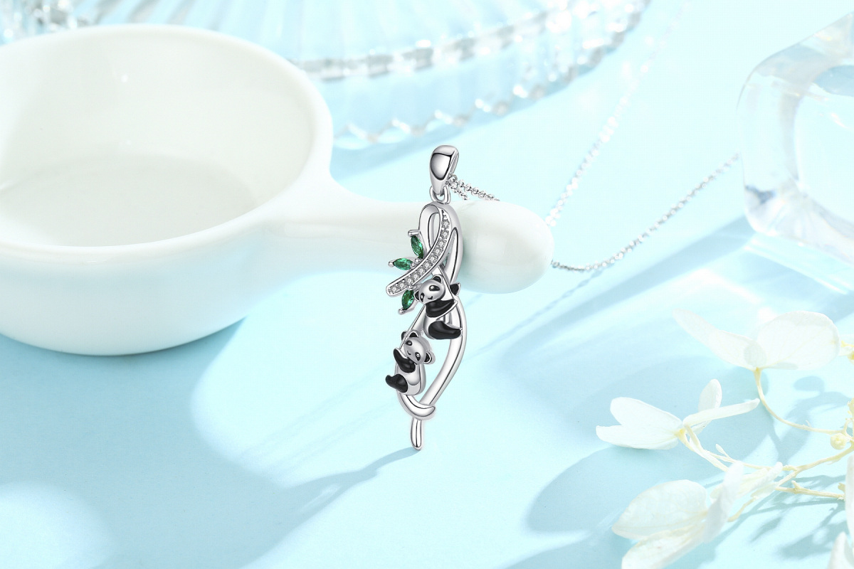 Collana con ciondolo Panda e Bambù in argento sterling con zirconia cubica-4