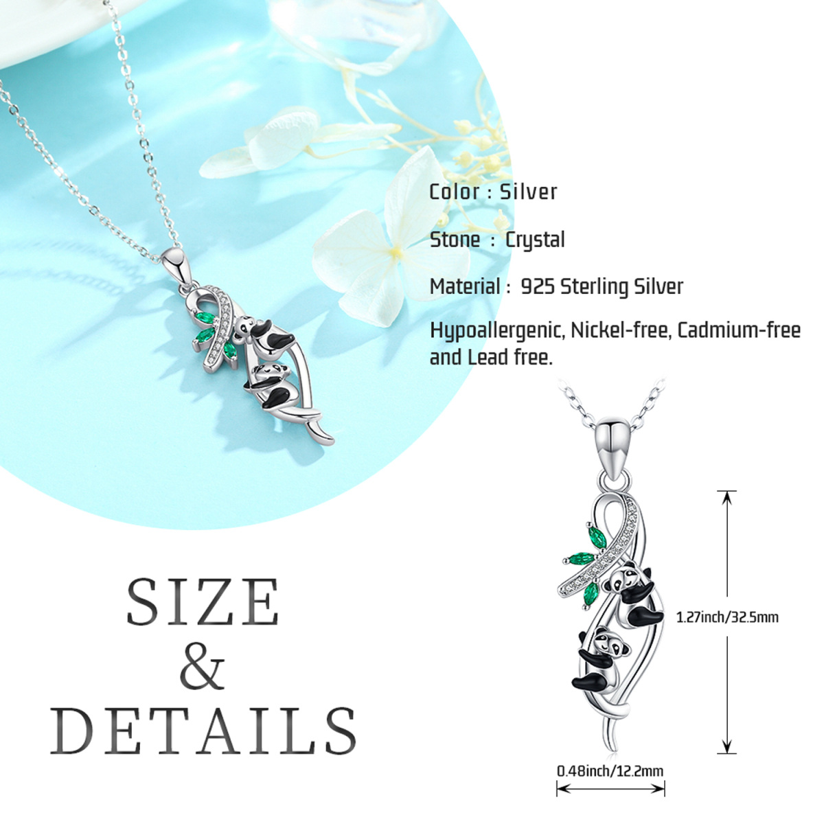 Sterling zilveren cubic zirconia panda en bamboe hanger ketting-6