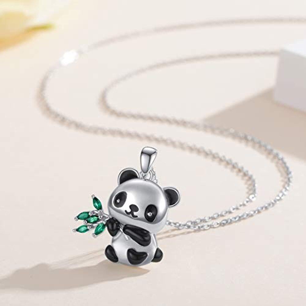 Colar com pingente de bambu de panda de zircônia cúbica em prata esterlina-4