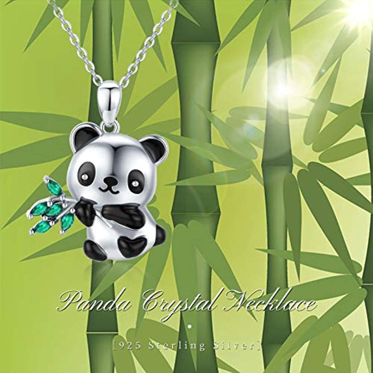 Sterling Silver Cubic Zirconia Panda & Bamboo Pendant Necklace-5