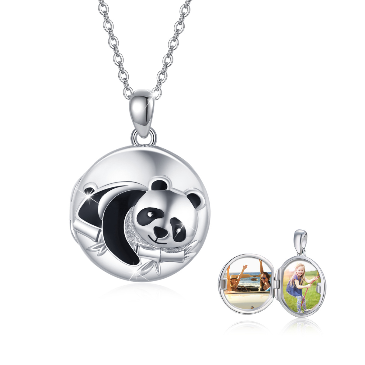 Sterling zilveren Panda & Bamboe Ronde Hanger Gepersonaliseerde Fotozakje Ketting-1