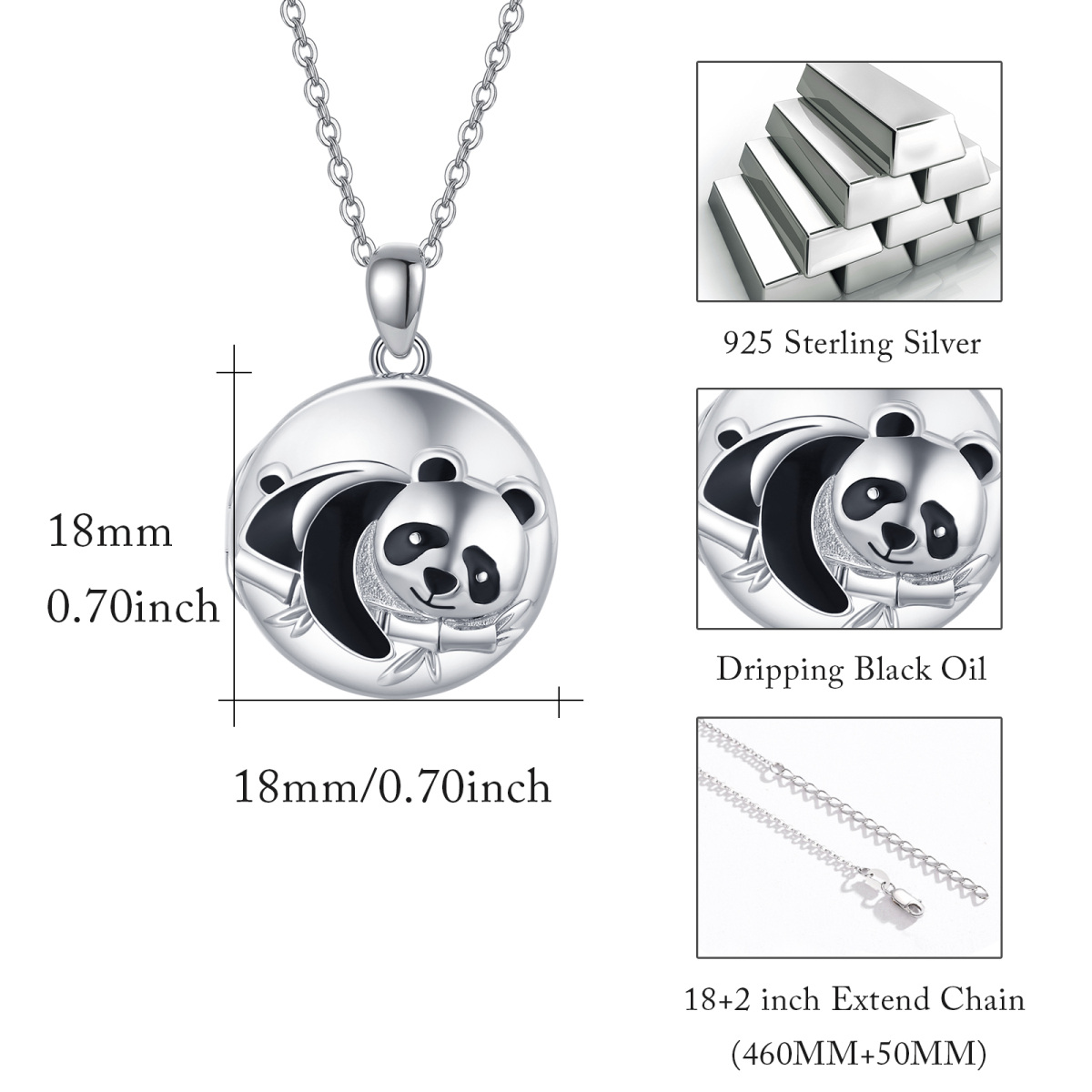 Ciondolo rotondo in argento sterling con panda e bambù Collana personalizzata con medaglione fotografico-3