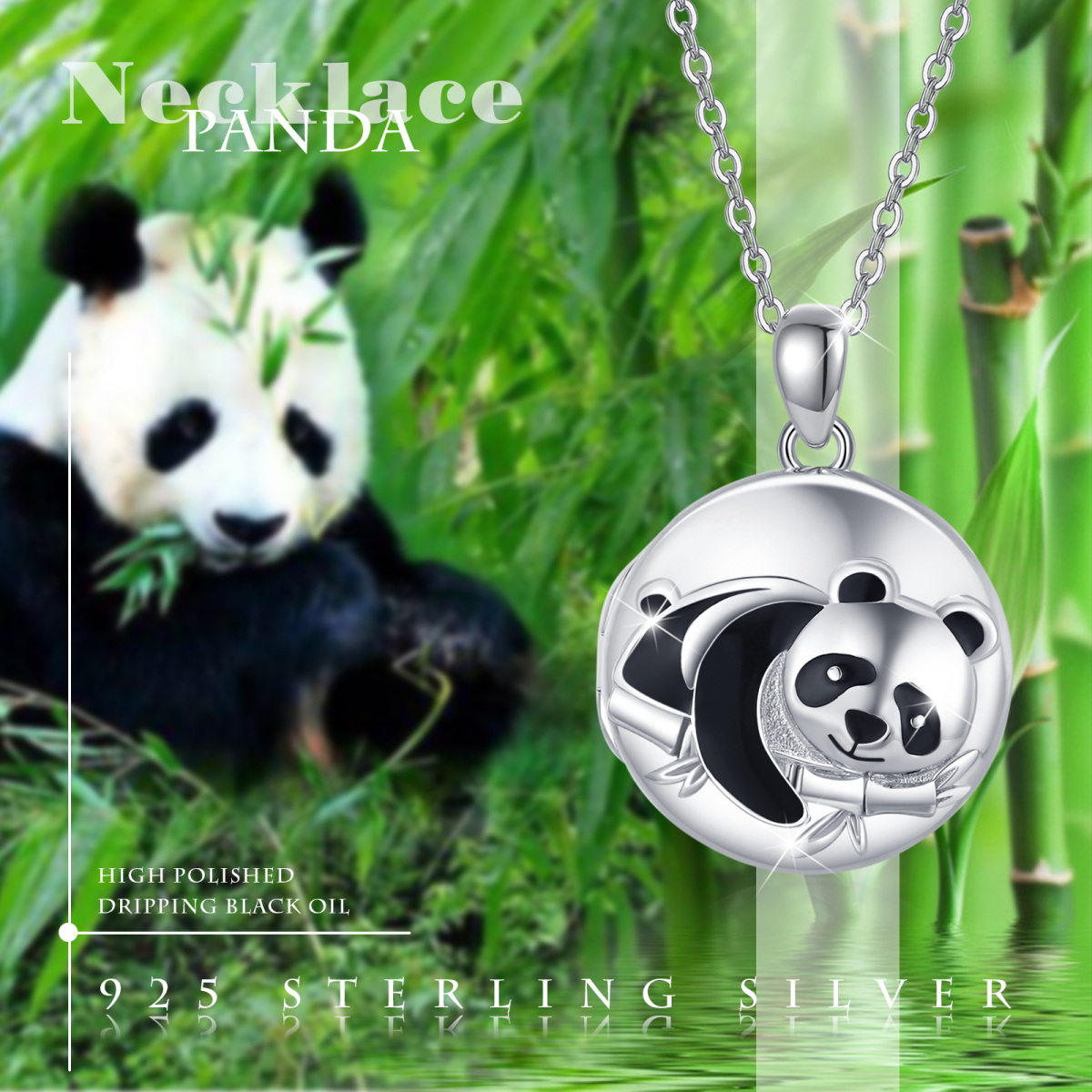 Sterling Silver Panda & Bamboo Round Pendant Personalized Photo Locket Necklace-5