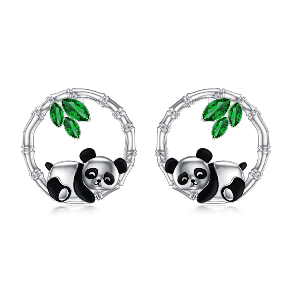 Brincos de prata esterlina com zircónias cúbicas e panda e bambu-1