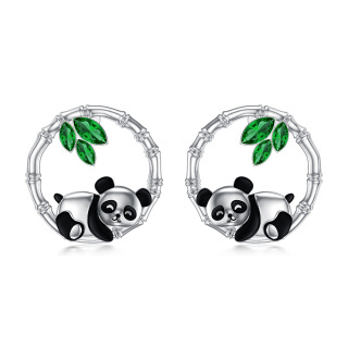 Sterling Silver Cubic Zirconia Panda & Bamboo Stud Earrings-2