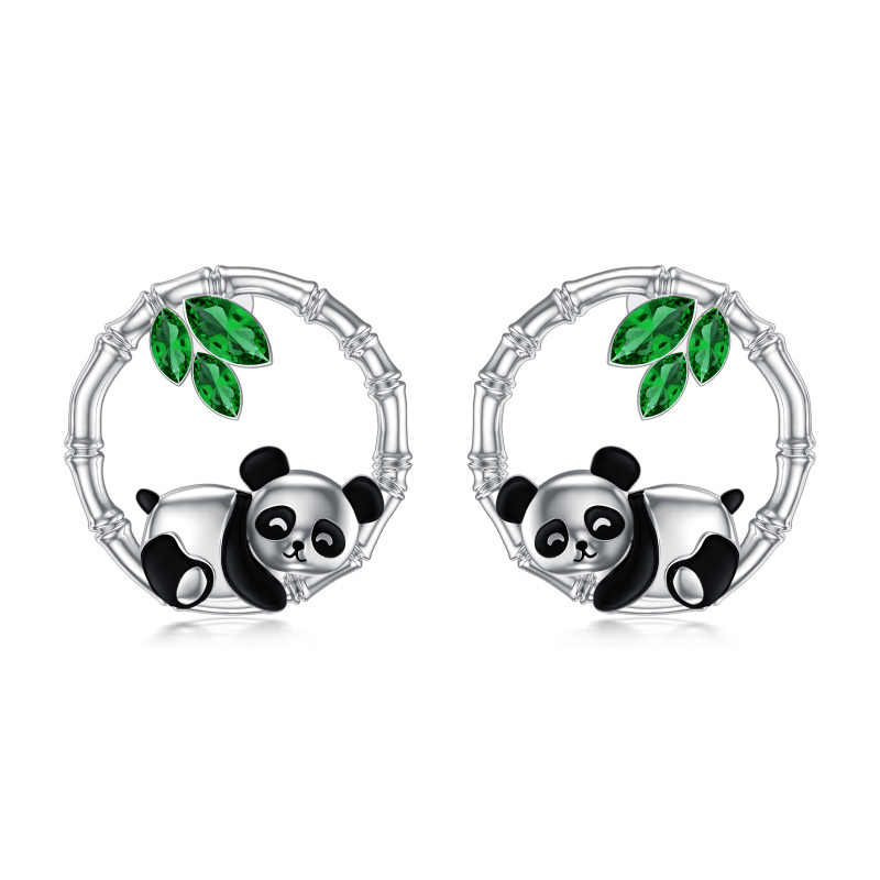Sterling Silver Cubic Zirconia Panda & Bamboo Stud Earrings-20