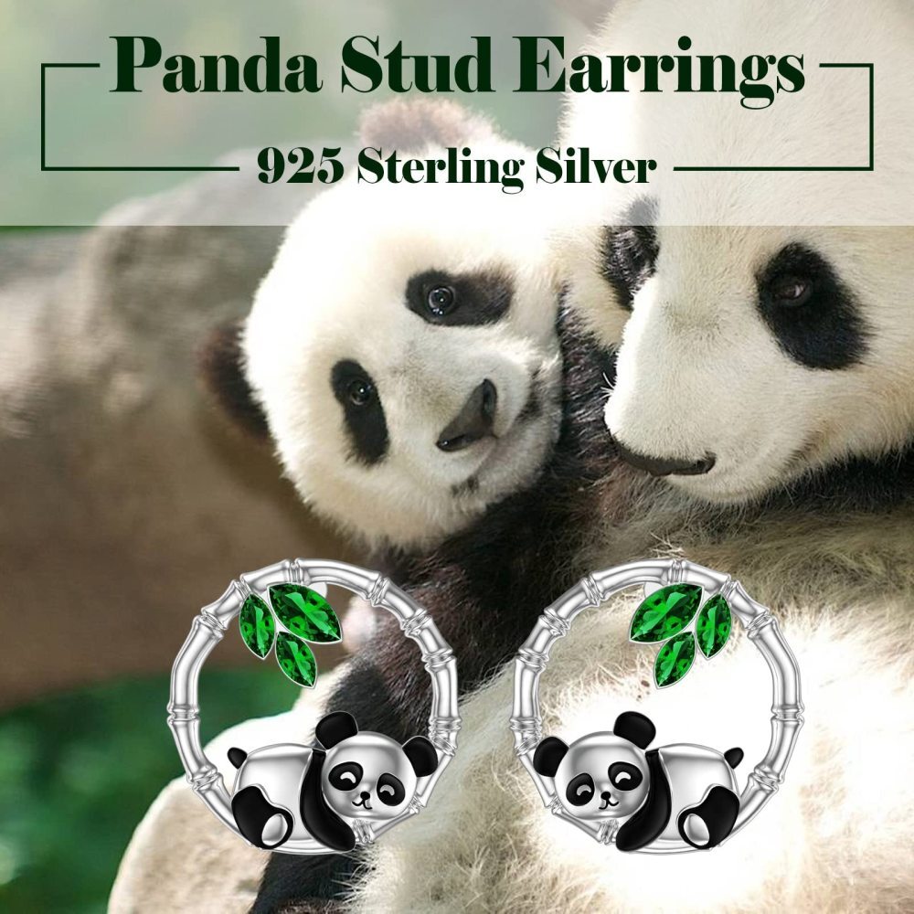 Brincos de prata esterlina com zircónias cúbicas e panda e bambu-4