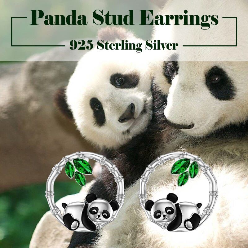 Sterling Silver Cubic Zirconia Panda & Bamboo Stud Earrings-4